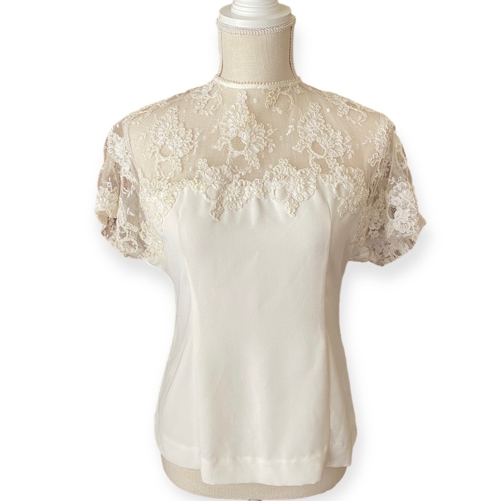 Vintage 80s Cream Mesh Panel Short Sleeve Blouse